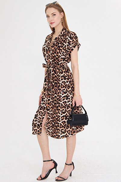 armonika Kadın Kahve Desenli Beli Kemerli Kısa Kol Gömlek Elbise ARM-22Y001007