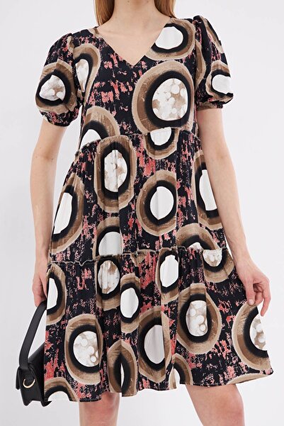 armonika Beige-Black V-Neck Print Women's Short Sleeve Ruffle Dress - ARM-24Y001014