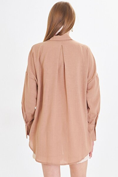 armonika Női bézs, túlméretezett texturált vászon megjelenésű széles mandzsetta ing ARM-24K001001