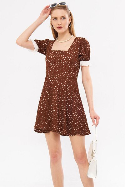 armonika Brown Polka Dot Mini Dress - Square Collar, Ruffle Detail, Watermelon Sleeve - ARM-24Y001051