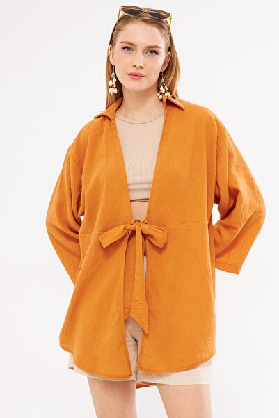 armonika Linen Look Brick Color Kimono - Front Tie Shirt ARM-24Y001063