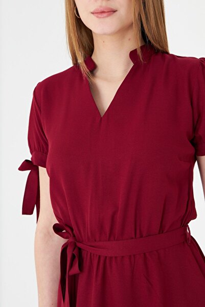 armonika Women's Burgundy Judge Collar Sleeve Tie-Up Elastic Waist Belt Short Dress Arm-23Y 001088