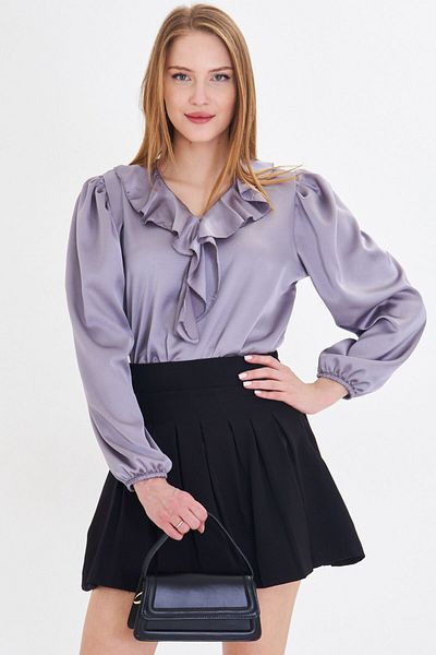 armonika Dámský šedý nabíraný límec, nabírané rameno, bavlněná saténová halenka s elastickým rukávem ARM-22K001059