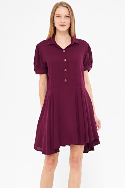 armonika Claret Red Shirt Collar and Slit Sleeve Detailed Flared Watermelon Dress - ARM-24Y 001083