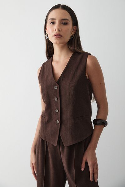 JASTE Women's Buttoned Vest & Palazzo Elastic Waist Trousers Linen Suit