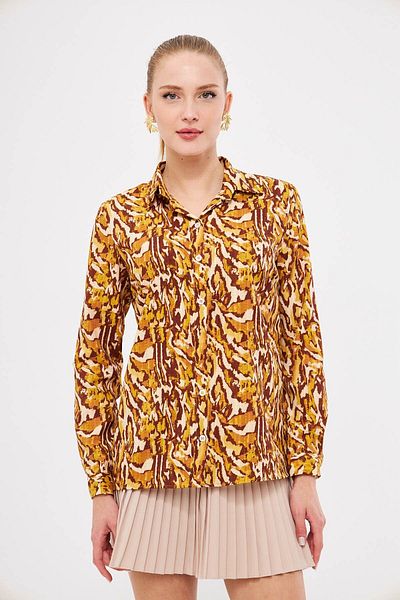 armonika Women's Beige-Brown Patterned Long Sleeve Shirt Arm-25K 001040