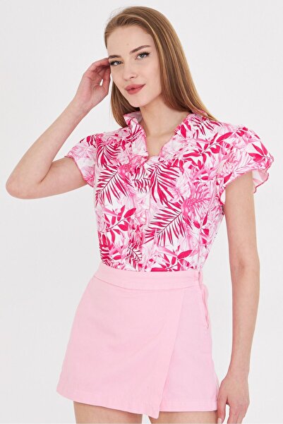 armonika Women's Fuchsia Blouse with Ruffled Collar and Sleeves Arm-25Y 001028