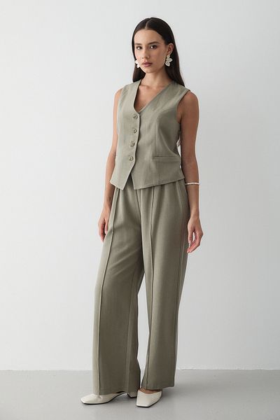 JASTE Women's Buttoned Vest & Palazzo Elastic Waist Trousers Linen Suit