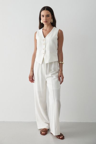 JASTE Women's Buttoned Vest & Palazzo Elastic Waist Trousers Linen Suit