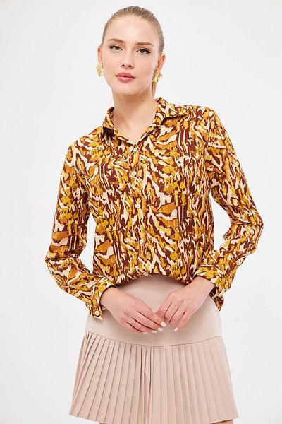 armonika Women's Beige-Brown Patterned Long Sleeve Shirt Arm-25K 001040
