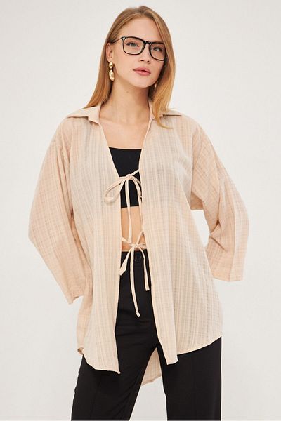 armonika Cămașă Kimono Bej - Decolteu și șireturi în față, ARM-25K 001006