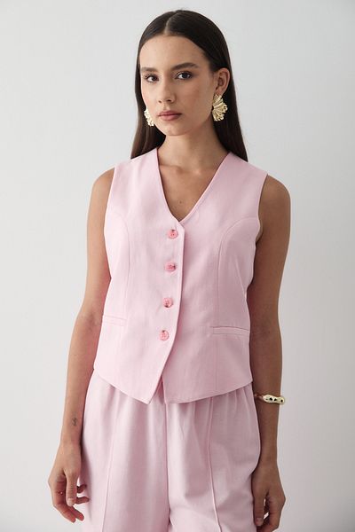 JASTE Women's Buttoned Vest & Palazzo Elastic Waist Trousers Linen Suit