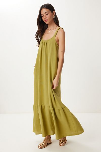 Lovelyİstanbul Rochie de muselină de vară cu bretele cu volan VERDE ULEI LFZ0002