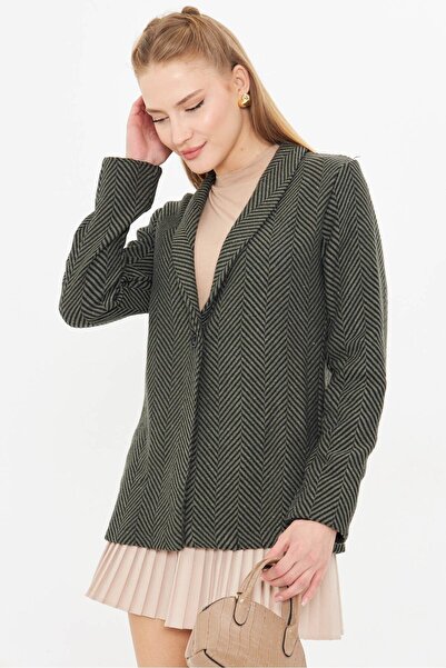 armonika Women's Khaki Fish Back Pattern Sleeve Folded Single Button Stamp Jacket ARM-24K001066