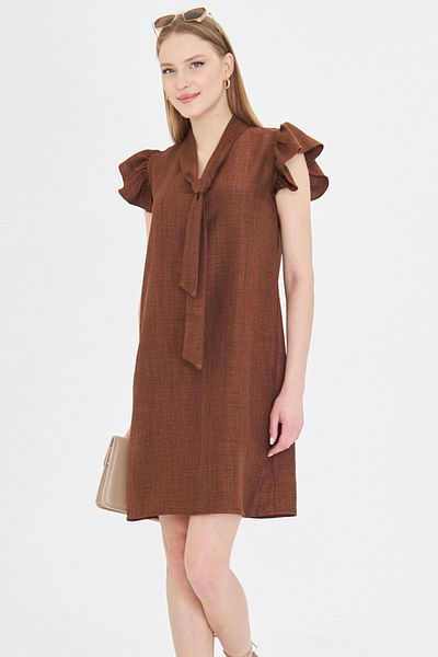 armonika Women's Coffee V-Neck Sleeves Ruffled Tie Detail Dress Arm-25Y 001022