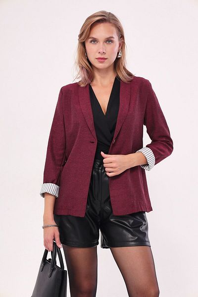 armonika Women's Claret Red Striped Inside Sleeve Single Button Jacket ARM-22K001122