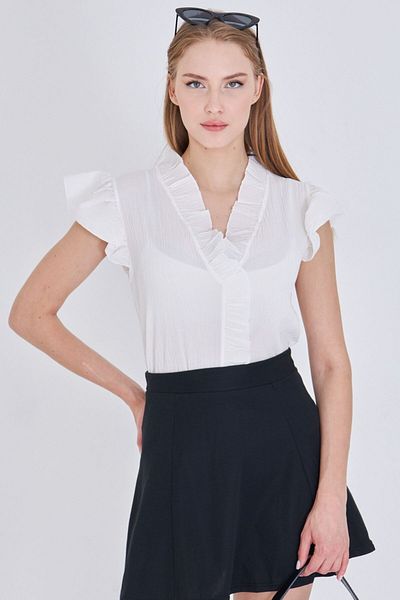 armonika Women's White Ruffled Collar and Sleeves Blouse Arm-25Y001063