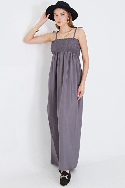 armonika Women's Gray Straps Lace-Up Chest Gipe Elastic Long Dress Arm-25Y001069