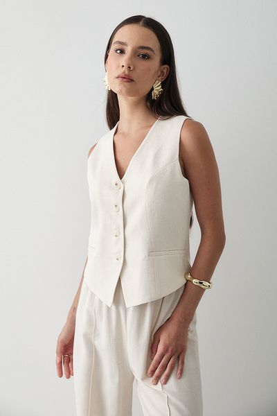 JASTE Women's Buttoned Vest & Palazzo Elastic Waist Trousers Linen Suit