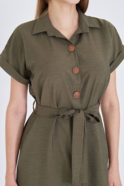 armonika Women's Khaki Waist Belted Short Sleeve Shirt Dress Arm-25Y001065