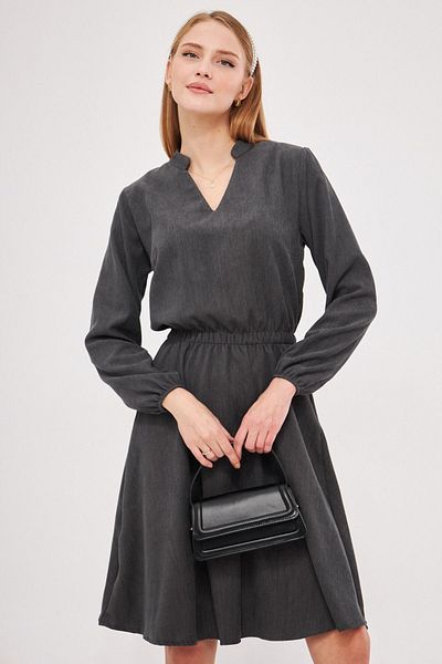 armonika Smoked Velvet Flared Dress - V-Neck, Elastic Waist, Slim Corduroy Arm-25K 001049
