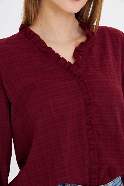 armonika Γυναικείο μπορντό γιακά και βολάν μπροστά με λεπτομέρεια μανίκια ελαστικά μακρυμάνικη μπλούζα ARM-25K 001030