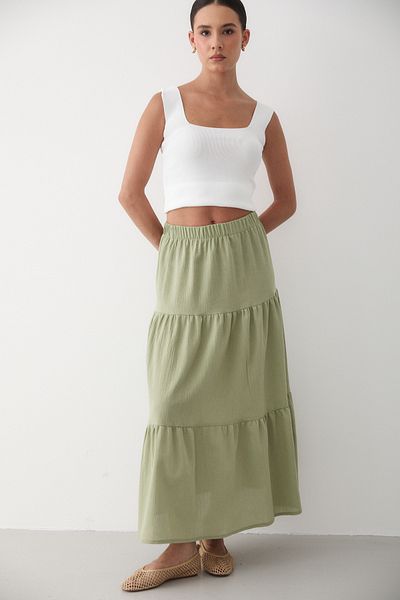 JASTE Women's Çağlakat Floor Gathered Elastic Waist Linen Skirt
