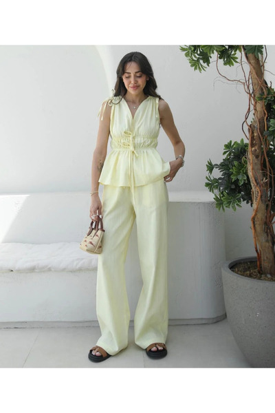 My Blog Sárga 100% pamut váll derék húzózsinóros blúz nadrág szett - 8612