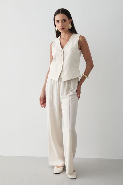 JASTE Women's Buttoned Vest & Palazzo Elastic Waist Trousers Linen Suit