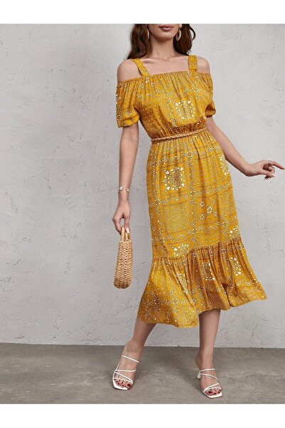 armonika Kadın Hardal Kareli Çiçek Desenli Askılı Beli Lastikli Elbise ARM-21K001202