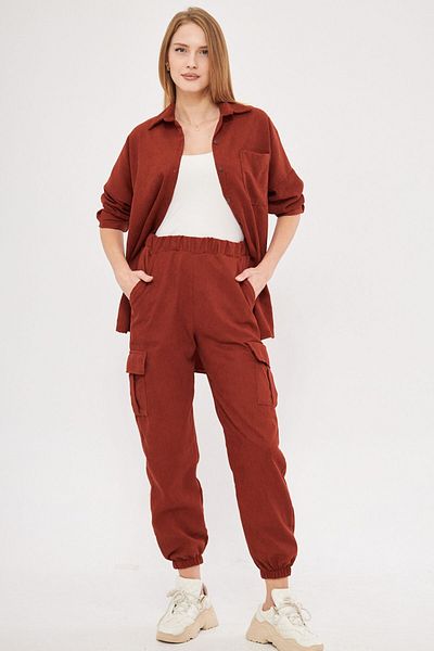 armonika Women's Brick Velvet Thin Corduroy Cargo Pants with Elastic Waist and Legs Arm-25K 001035