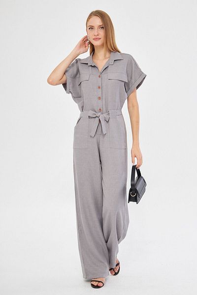 armonika GraY Palazzo Jumpsuit - Front Button, Pocket anD BelteD Waist, Bat Sleeve ARM-24Y 001105