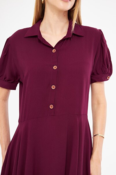 armonika Claret Red Shirt Collar and Slit Sleeve Detailed Flared Watermelon Dress - ARM-24Y 001083