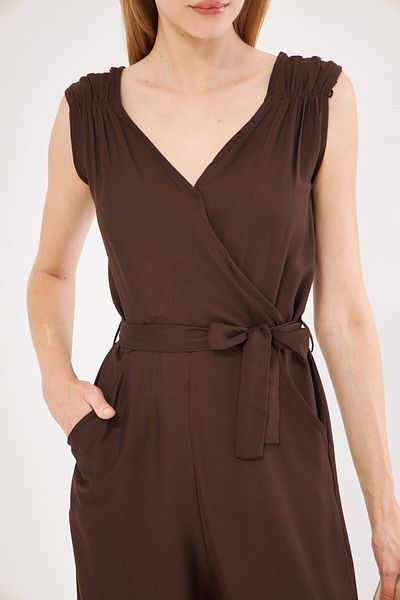 armonika Brown Double Breasted Collar and Elastic Shoulder Detailed Long Women's Jumpsuit - V Belted ARM-24Y001049
