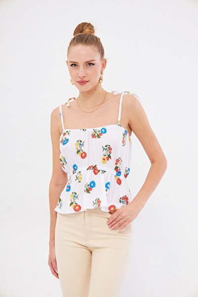 armonika White Patterned Strapless Crop Blouse - Elastic Waist, Tie Detailed Arm-24Y 001116
