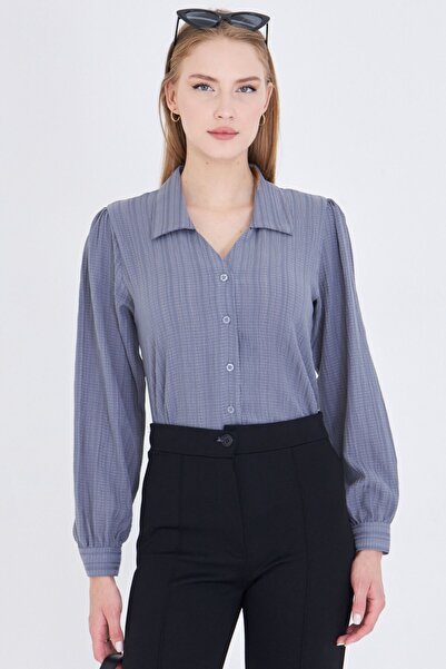 armonika Γυναικείο πουκάμισο με γκρι μπαλόνι με λαιμόκοψη V με κορδόνι ARM-25K001088