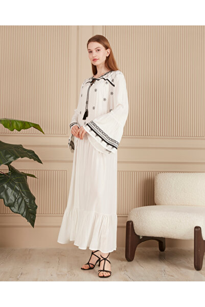 EL jadida Γυναικείο Κεντημένο Μακρύ Φόρεμα Βισκόζης Plus Size Λευκό