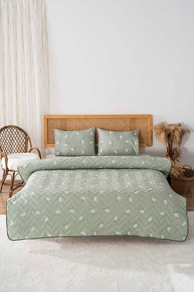 Rivaİstanbul Green Daisy Quilted Double Cotton Pique & Bedspread