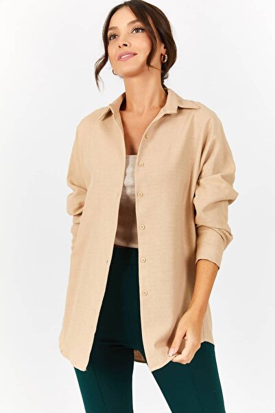 armonika Γυναικείο πουκάμισο κρεμ Oversize Long Basic ARM-22Y001118