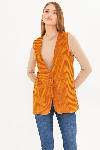 armonika Mustard V-Neck Oversize Velvet Vest - Single Button, Thick Corduroy Arm-25K 001016