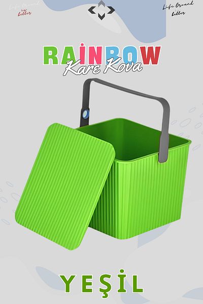 LİGROUND 1 Piece Rainbow Square Bucket - Cleaning Basket with Handle and Lid, Picnic Bag