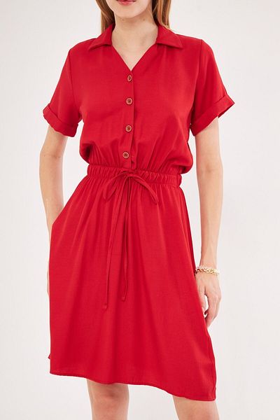 armonika Red Short Sleeve Shirt Dress - Elastic Waist ARM-23Y001035