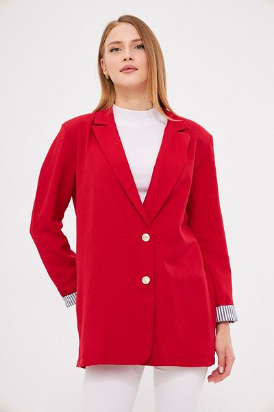 armonika Women's Red Double-Breasted Collar Sleeve Fold Detailed Oversize Padded Blazer Jacket Arm-25K 001015