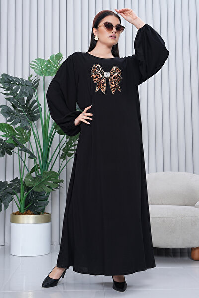 EL jadida Women's Leopard Stone Embroidered Plus Size Viscose Long Dress Black