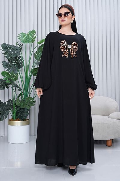 EL jadida Women's Leopard Stone Embroidered Plus Size Viscose Long Dress Black