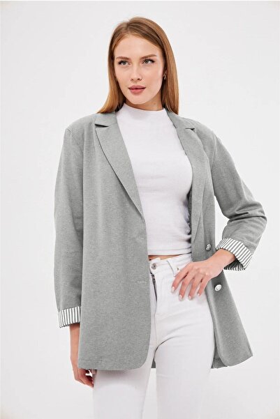 armonika Women's Gray Double Breasted Collar Sleeve Fold Detailed Oversize Padded Blazer Jacket Arm-25K 001015