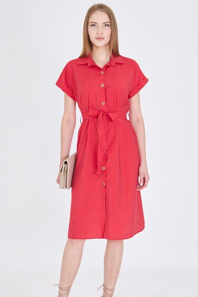 armonika Women's Red Waist Belt Short Sleeve Shirt Dress Arm-25Y001065