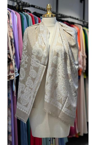 Hazard Beige-Cream Shawl - Stone Embroidered Cut Pattern