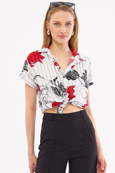 armonika Red Patterned Women's Shirt - Short Sleeve, ARM-22Y001052
