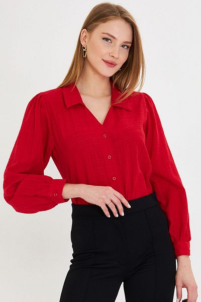 armonika Women's Red V Neck Balloon Sleeve Wrap Shirt Arm-25K 001088